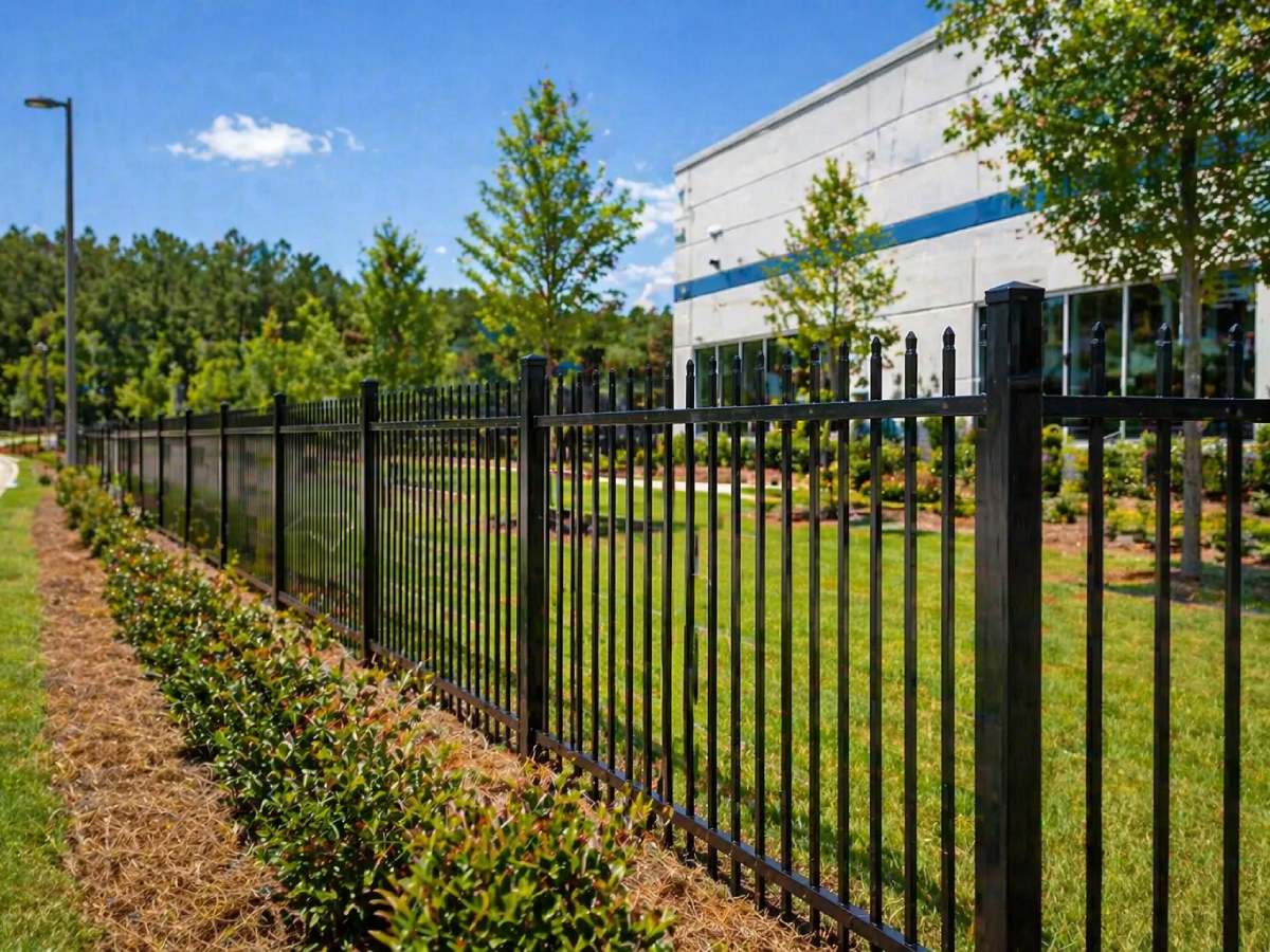 Black aluminum fence installed along commercial property perimeter with landscaped frontage and security design