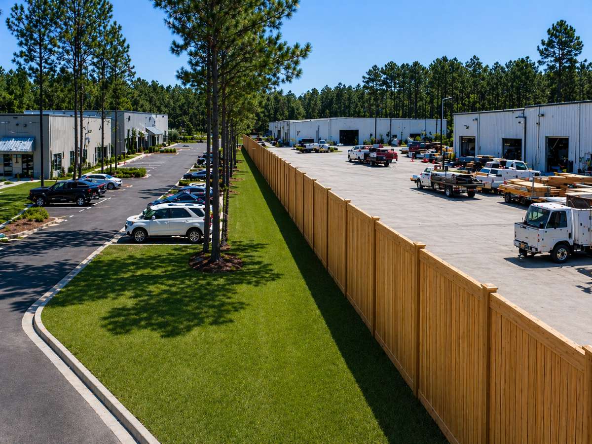 Commercial wood privacy fence defining the boundary between two business properties in Fayetteville, NC